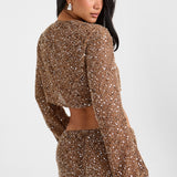 INEZ Cropped Sequin Cardigan - Mocha